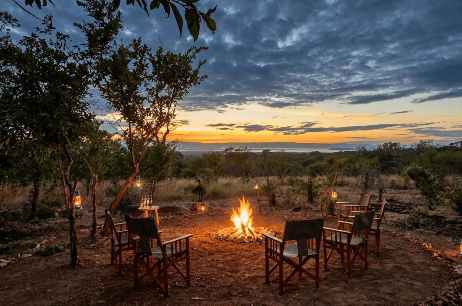 Campfire lounge above Lake Burunge at sunset